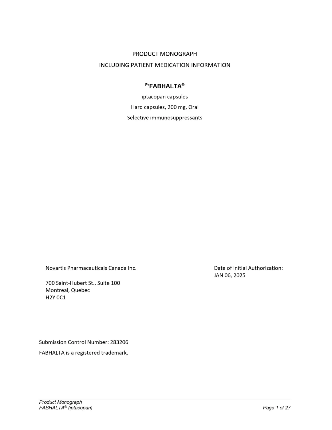 FABHALTA® Product Monograph